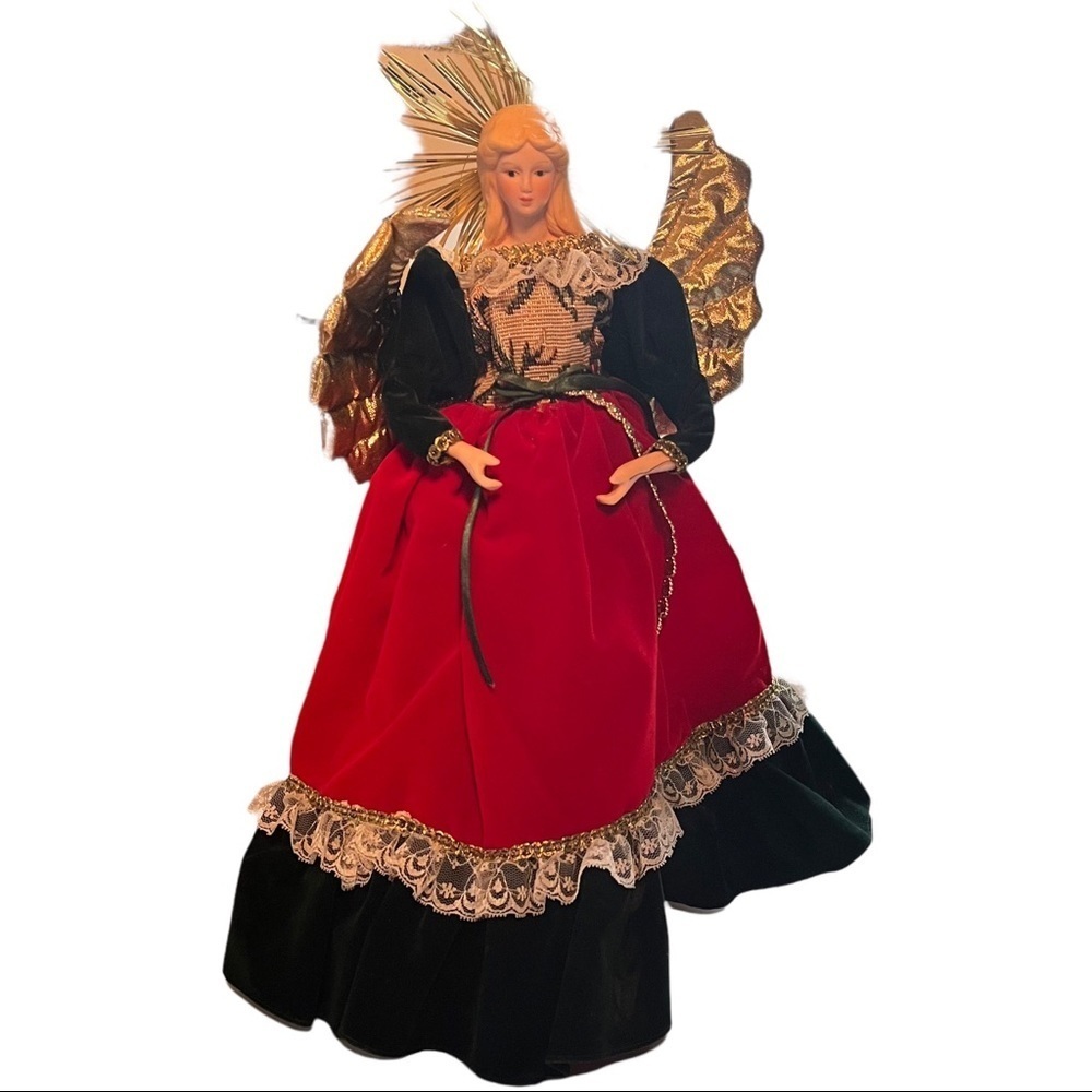 Gorgeous 16” Angel Tree Topper Victorian Style Red, Green Lacey Dress Gold Wings